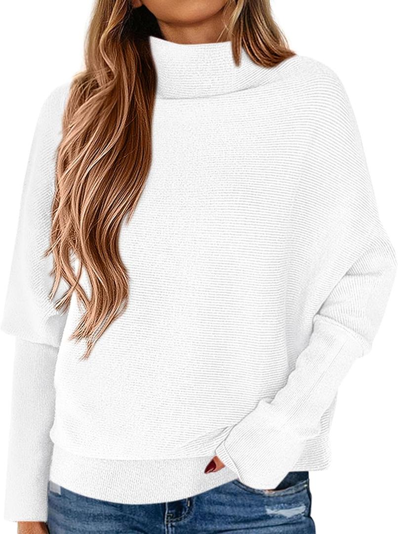 PRETTYGARDEN Fall Sweaters for Women 2026 Winter Clothing Batwing Sleeve Casual Loose Knit Turtleneck Sweater Holiday Outfits (White, XL)