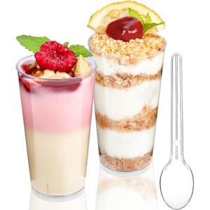 TOFLEN 50 Pack 3 oz Round Mini Dessert Cups with Spoons Clear Plastic Dessert Shooter Cups for for Party, Yogurt, Parfait, Cheesecake, Pudding, Jello and Appetizers