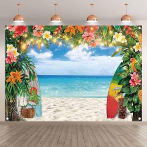 7x5ft Fabric Summer Hawaiian Beach Photography Backdrop Tropical Flower Palm Leaves Surfboard Background Aloha Luau Decorations Photo Banner
