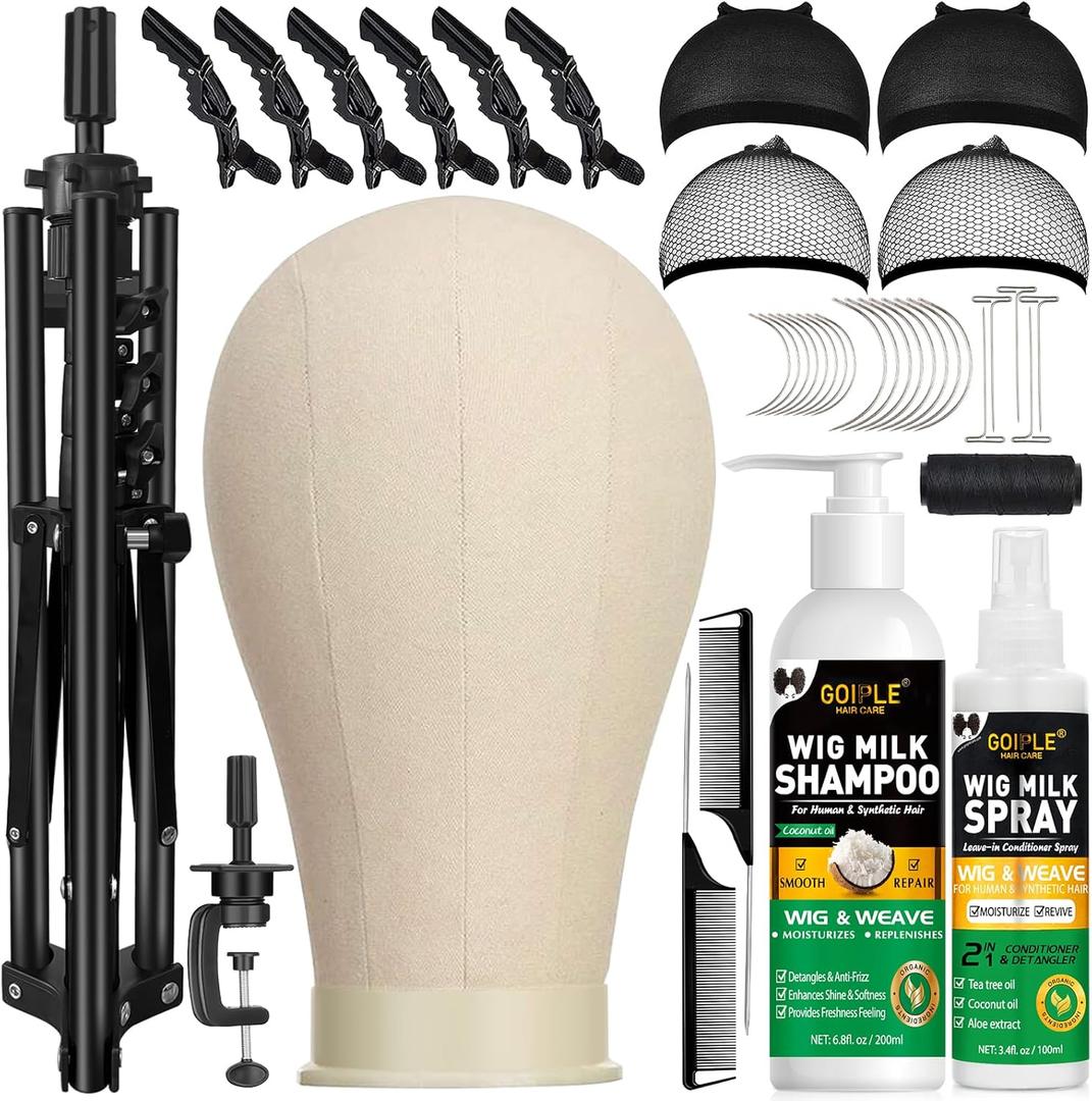 Wig Stand Tripod Metal Adjustable Mannequin Head Stand - Mannequin Wig Head with Mount Hole, Manikin Head for Wigs Making, Drying, Styling and Display - Wigs Shampoo & Milk Spray T Pins Hair Cap Set