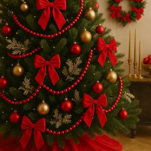 9 Pcs Christmas Tree Decorations 12 ft Christmas Wooden Bead Garland with 8 Pcs Velvet Bows Ribbon Wooden Beads Garland Ornaments for Xmas Tree Fence Fireplace Decorations (Burgundy)