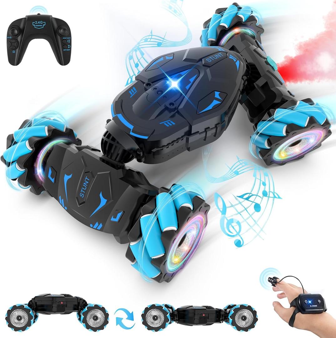 Pristar RC Cars Gesture Sensing Stunt Car, Best Gifts for Boys 6-12, 2.4Ghz Remote Control Car Toys for Boys Age 6 7 8 9 10 11 12, Double Sided Flip 360 Rotate 4WD Off-Road with Spray Lights Music (Blue-black)