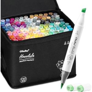 Ohuhu Alcohol Markers Brush Tip -Double Tipped Art Marker Set for Artist Adults Coloring Illustration - 120 Colors- Brush & Chisel Dual Tips- Honolulu of Ohuhu Markers- Refillable Alcohol-based Ink