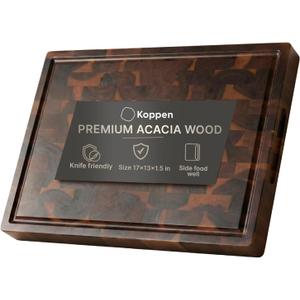 Koppen Acacia Wood End Grain Cutting Board, Knife-Friendly Butcher Block with Juice Groove, Inner Handles & Food Well, Reversible Heavy Duty Serving & Chopping Board, Walnut Color, Size 17x13x1.5 in