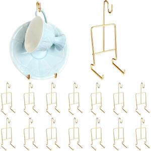 16 Pcs Small Tea Cup and Saucer Display Stand Holder Rack China Metal Cup Saucer Holder Display Shelf Coffee Mug Organizer for Plate Teapot