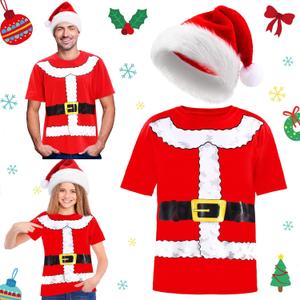 Geyoga 2pcs Christmas Santa Claus Costume Unisex Xmas Funny Santa Shirt with Red Hat for Men (4X-Large)