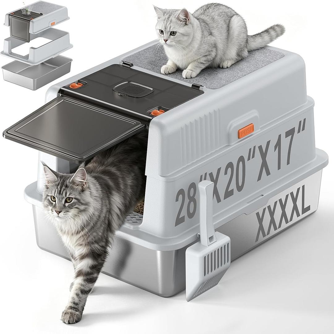 XXXXL Stainless Steel Litter Box with Lid,28.0" L 20" W 17" H Extra Large High Sided Cat Litter Box for Multi -Cats,Enclosed Metal Litter Box with Cat Scratcher and Scoop,Grey