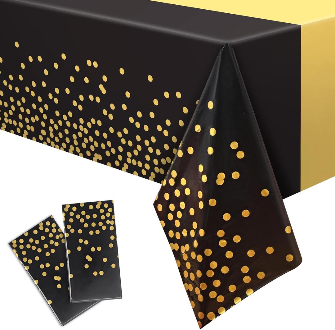 GREATRIL Black Gold Party Table Covers Tablecloth for Graduations/New Years Eve/Ceremony/Birthdays Decorations Rectangle Tablecover 54'' x 108'' - 2 Packs