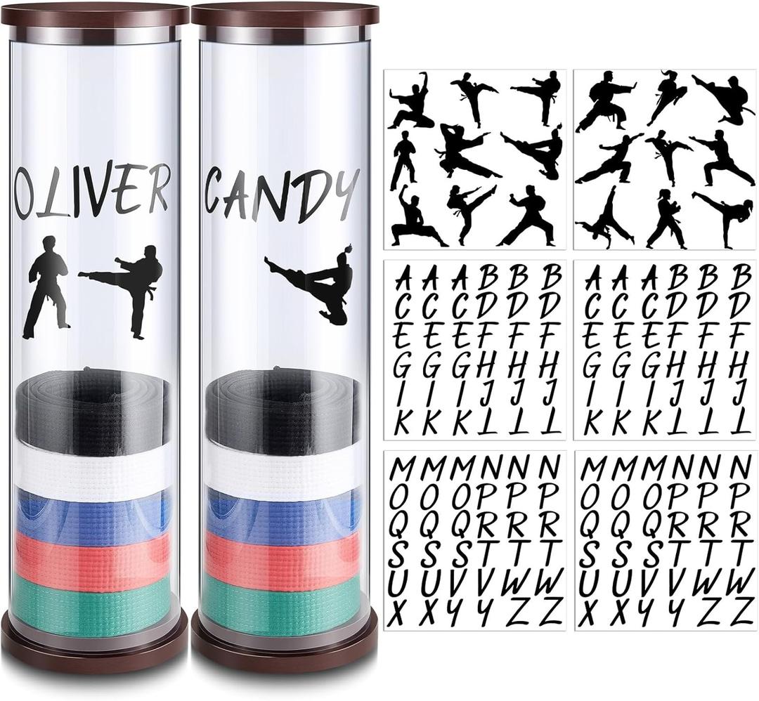 Tatuo 20 Belts Acrylic Karate Belt Display Rack with 6 Sheets Stickers Martial Arts Belt Display Holder Taekwondo Belt Display for Adults Karate Belt Holder Gifts Cylinder Belt Display