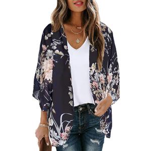 Women's Floral Print Puff Sleeve Kimono Cardigan Loose Cover Up Casual Blouse Tops 2026 (Blue, S)