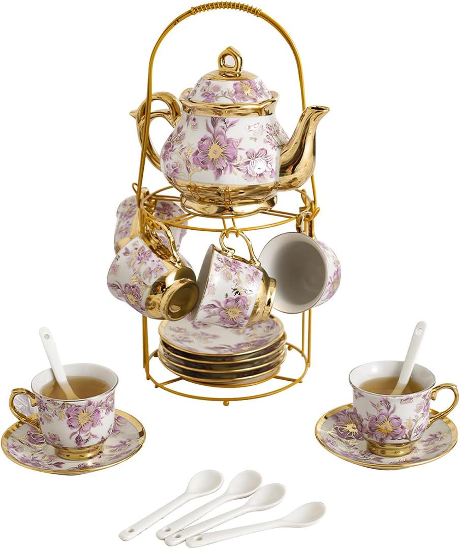 20-Count Purple European Ceramic Tea Set - Elegant Gold-Plated Coffee Cup & Saucer Collection for 6 People, Vintage Style Porcelain Tea Service for Afternoon Tea, Parties & Home Use