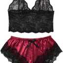 WDIRARA Women's 2 Piece Lingerie Floral Lace Cami Top with Satin Shorts Sleepwear Pajama Set (Black and Red)