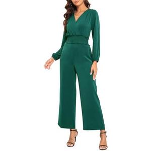 YUNDAI Womens Jumpsuit Fall Long Sleeve V Neck Casual Loose One Piece Outfits Wrap Waist Pants Long Romper with Pockets, Large, Dark Green 