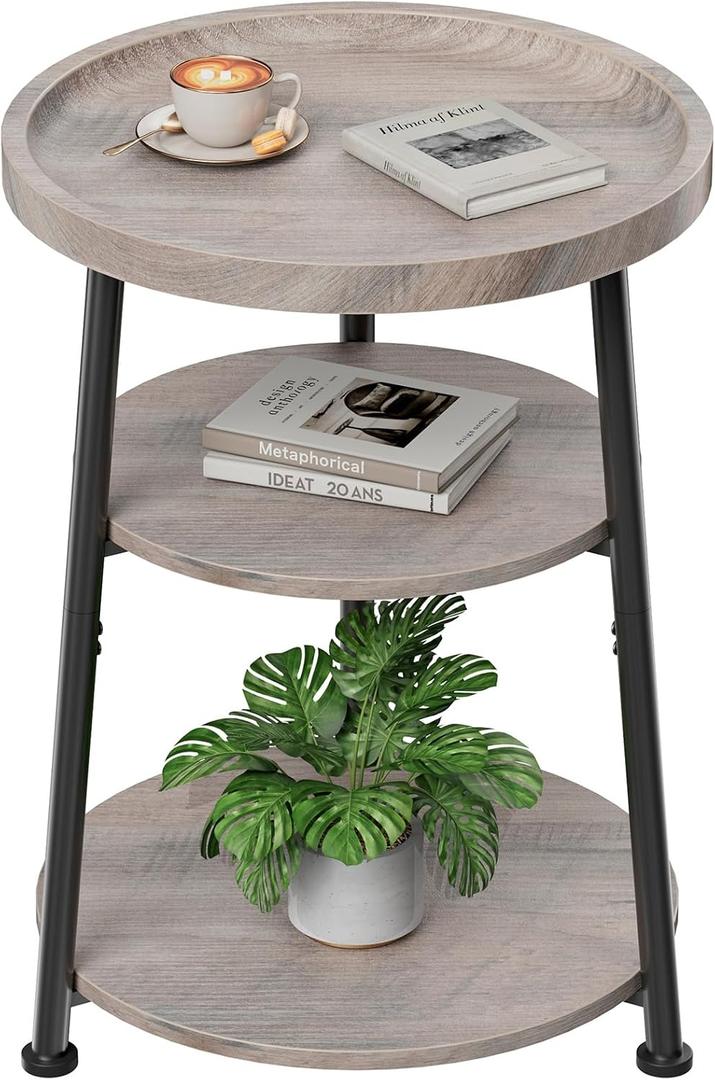 Round Side Table 3-Tier end Table for Living Room, Small Nightstand 15.75in, Without Charging Station