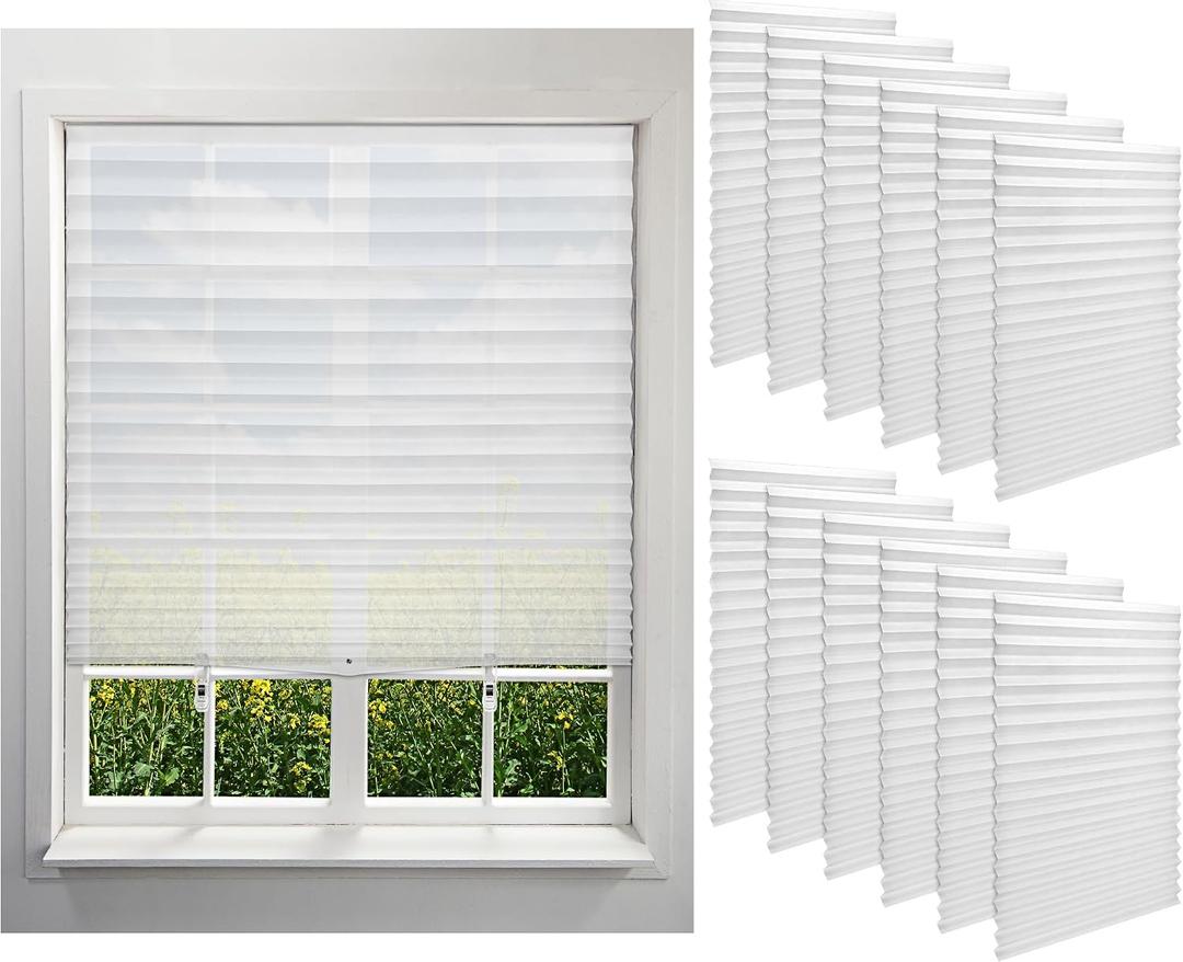 Kigley 12pcs White Filtering Temporary Blinds for Windows, Cordless Light Filtering Fabric Shade Self Adhesive Window Shade, Easy to Cut and Install, with Clips (35x71inch)