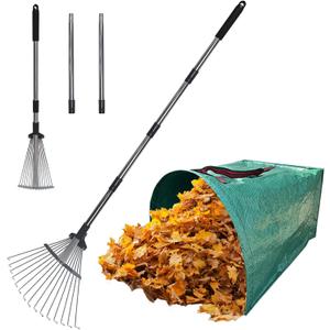 Garden Rake for Leaves with 53 Gallon Leaf Bag, Heavy Duty Metal Leaf Rake for Lawns with Adjustable Length & Expandable Head, Ideal for Landscaping in Lawn, Yard and Shrub