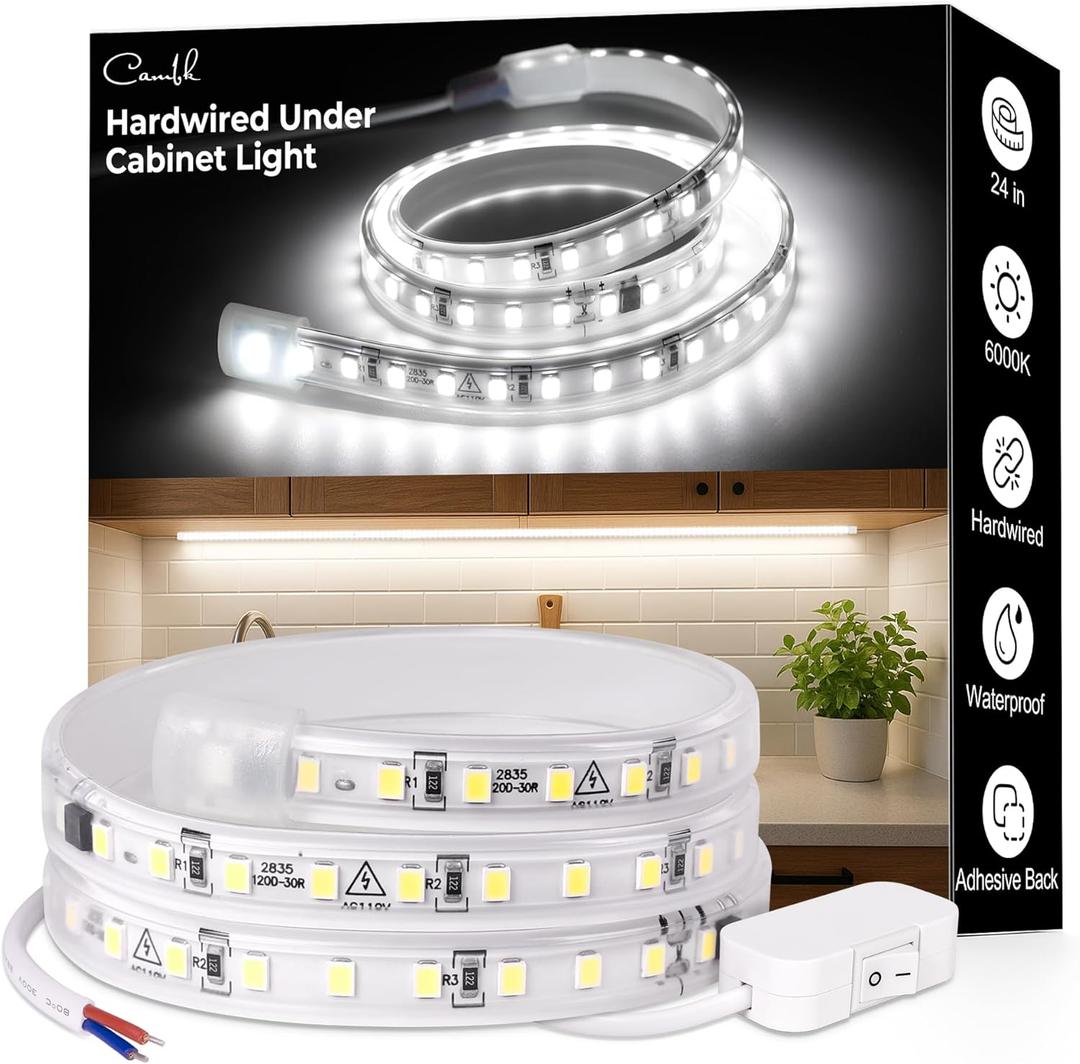 Hardwired Under Cabinet Lighting for Kitchen,24inch120V Wired Undercounter Led Strip Lights 6000K White Waterproof, Luces para Cocina Bajo Gabinete Under Shelf Lights for Sink/Workbench