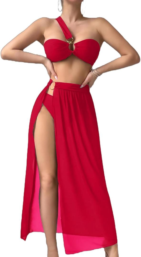 Women's 3 Piece Bathing Suits One Shoulder Bikini Set with Cover Up Skirts (X-Large, Red)