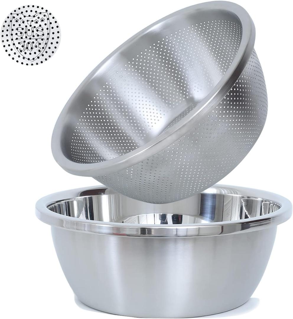 304 Stainless Steel Microporous Colander, 2QT Large Capacity with Mixing Bowl For washing vegetables, fruit and rice and for draining cooked pasta (2PC)