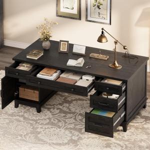 GarveeHome Farmhouse Executive Desk with File Drawers, 60 in Home Office Desk with Charging Station, Wooden Computer Desk with Cabinet Storage for Work Study Writing, Rustic Black