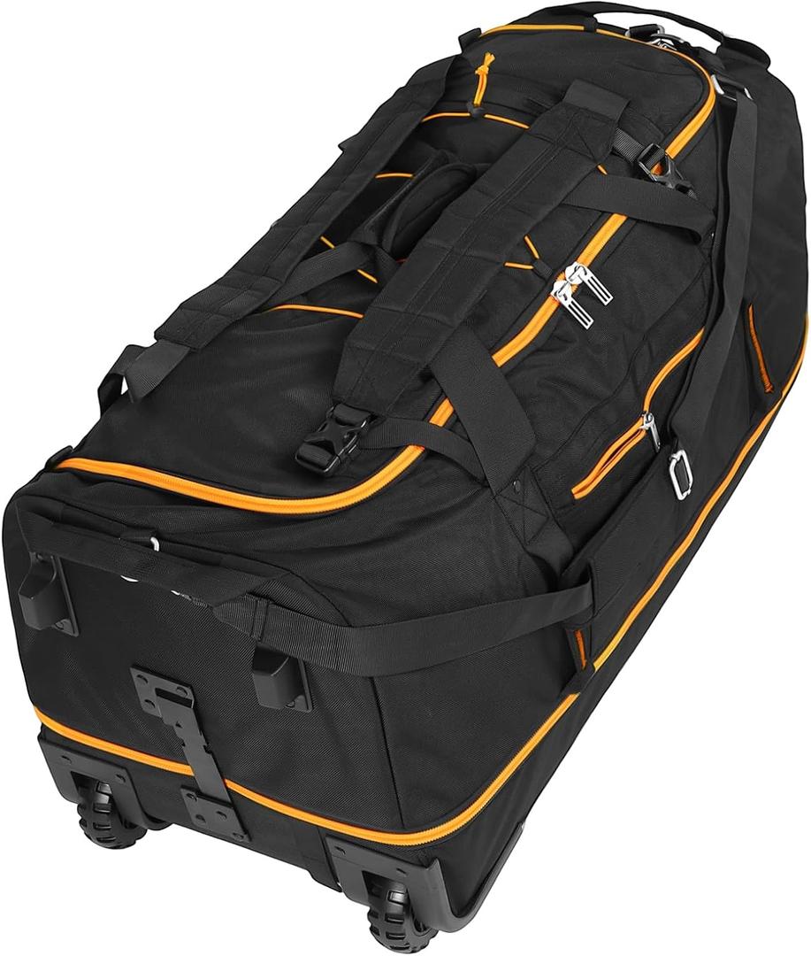 31” 95L Expandable to 125L Foldable Wheeled Duffle Bag, Black Orange