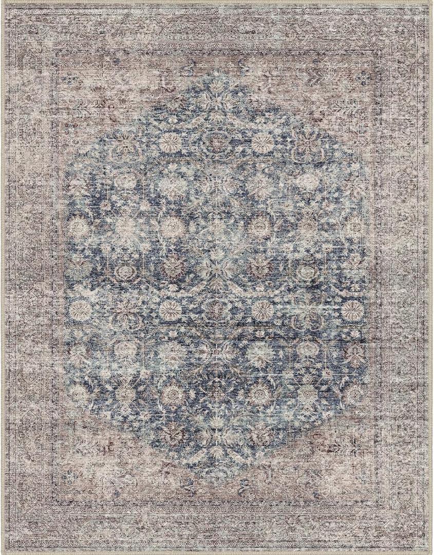 Vintage Living Room Rug, 7x9 Area Rug Large Washable Rugs for Bedroom, Soft Dining Room Carpet Non-Slip Non-Shedding Throw Rug for Farmhouse Indoor Kids Playroom (Teal/Antique 7x9)