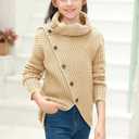 Haloumoning Girls Sweaters Button Turtle Cowl Neck Asymmetric Hem Wrap Pullover Sweaters for Girls (Beige)