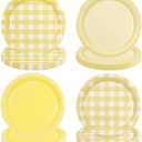 64PCS Yellow Gingham Paper Dessert Plates - 7 Inch Disposable Round Checkered Dinner Plates for Birthday Baby Shower Wedding Picnic Party Supplies, 4 Styles