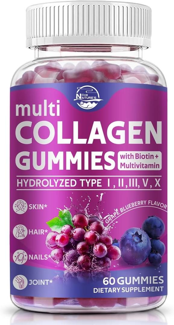 Nature's live Multi Collagen Peptides Gummies, Type I, II, III, V, X - Hydrolyzed Collagen Peptides Gummies, Supports Healthy Skin, Strong Nails & Thick Hair, Grape Blueberry Flavor, 60 Count