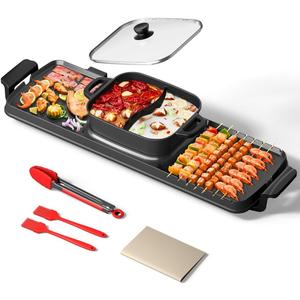 AORAN Smokeless Electric Hot Pot & Grill Combo, Large 9.5"x29" Non-Stick Design, 3 Adjustable Heat Levels, Easy to CleanIncludes Brushes, Tongs & Paper (Black)