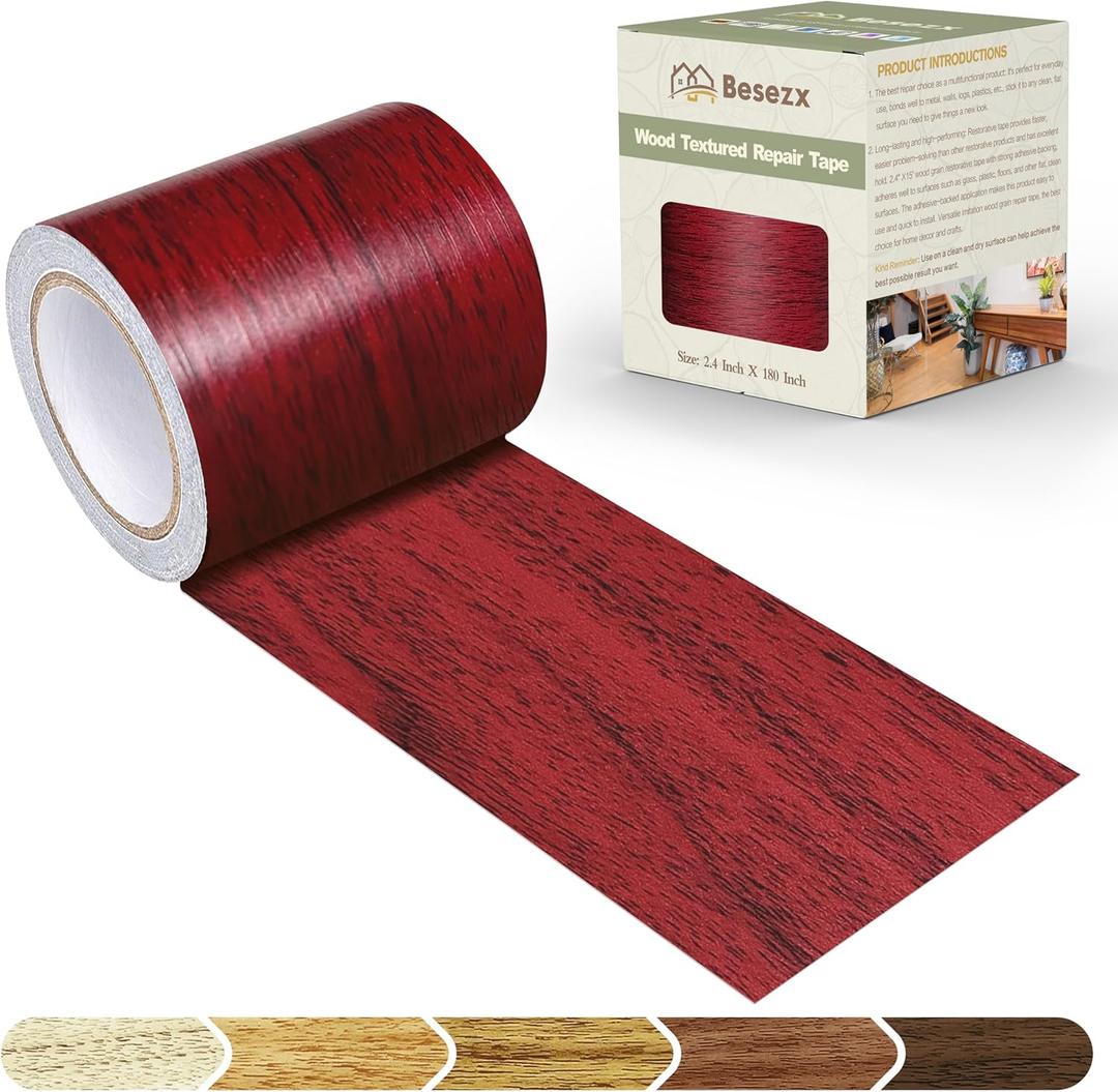 Besezx Wood Grain Tape, 2.4" X15', Self Adhesive Wood Grain Repair Patch for Tables, Chairs, DIY,Baseboards, Doors, Windows, Floors and Furniture Renovation.Red