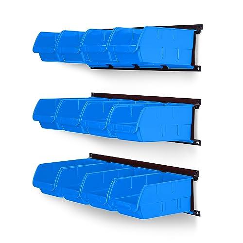 Ultrawall Wall Mounted Storage Bins, Plastic Hanging Storage Organizer Bins, Garage Tool Storage System for Screws, Nuts, Bolts, Nails, and Small Hardware Parts, 12x bins & 3 x rails, Blue : Tools & Home Improvement