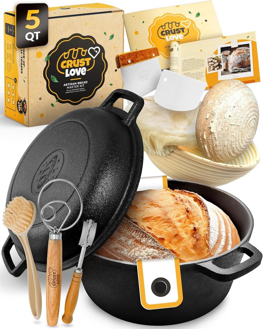 CRUSTLOVE Cast Iron Dutch Oven for Bread Baking - incl. Sourdough Bread-Baking Supplies like Banneton Bread-Proofing Basket - 5QT Bread-Oven with Lid Bread-Making Kit Pan, Pot, Sour Sough Tools, Lame