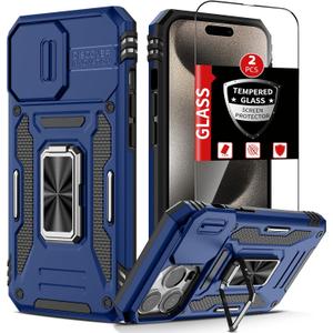 For iPhone 15 Pro Case with 2 Screen Protector,Built-in Slide Camera Cover,for 15Pro Phone Case with Kickstand Ring Shockproof Anti-Scratch Military-Grade Drop Heavy Duty Protection, Dark Blue