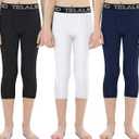 TELALEO 3/4 Boys Youth Compression Leggings Tights Base Layer Sports Running Capris Kids for Workout Training, Small