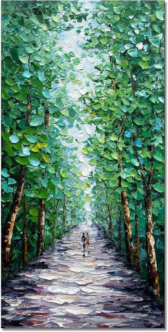 Alenoss Hand Painted Green Canvas Wall Art, Abstract Oil Painting on Canvas, Large Midsummer Forest Landscape Painting, 24x48 inches, Green, Vertical Wall Art for Living Room, Bedroom