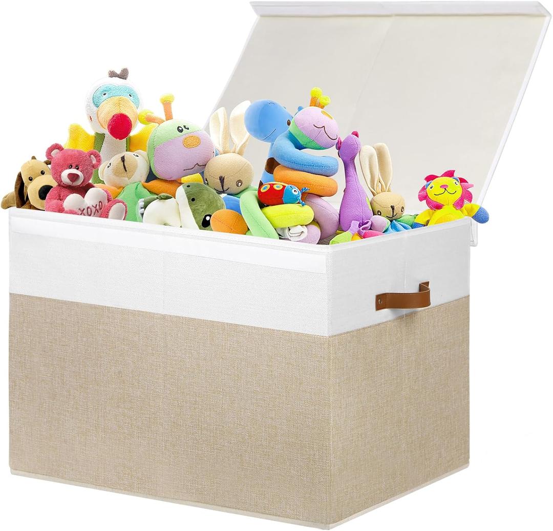 Large Toy Storage Box with Lid, Sturdy Toys Storage Chest Bin Organizer Basket with Dividers for Kids, Boys, Girls, Nursery, Closet, Bedroom, Playroom 26"x17" x17" (Beige and White)