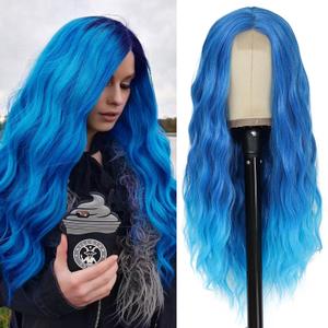 Long Blue Wavy Wig Middle Part for Women 26 Inch Ombre Blue Curly Wavy Wig Natural Looking Synthetic Heat Resistant Fiber Wig for Daily Party Use