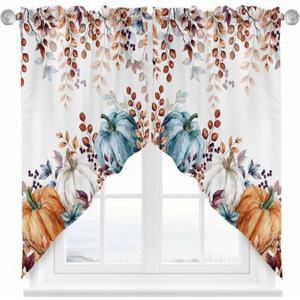 Fall Swag Valance, Autumn Pumpkin Rod Pocket Window Treatment Thanksgiving Leaves Scalloped Swag Kitchen Curtains for Living Room Bathroom Window, 1 Pair, 28" W x 36" L