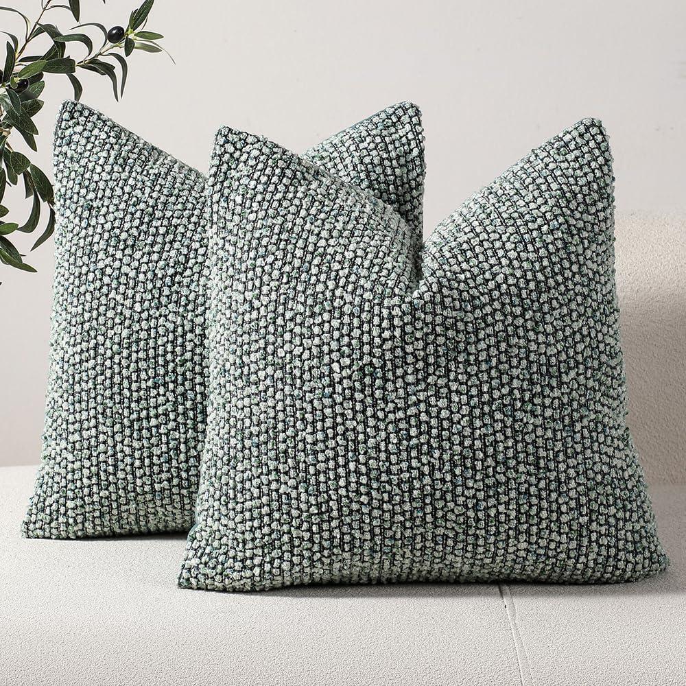 DEZENE Striped Throw Pillow Covers 22x22 Set of 2 Green Textured Boucle Chic Morden Boho Accent Farmhouse Square Decorative Couch Pillow Covers for Home Decor Bed Sofa Living Room (22" x 22" (Pack of 2), Green)
