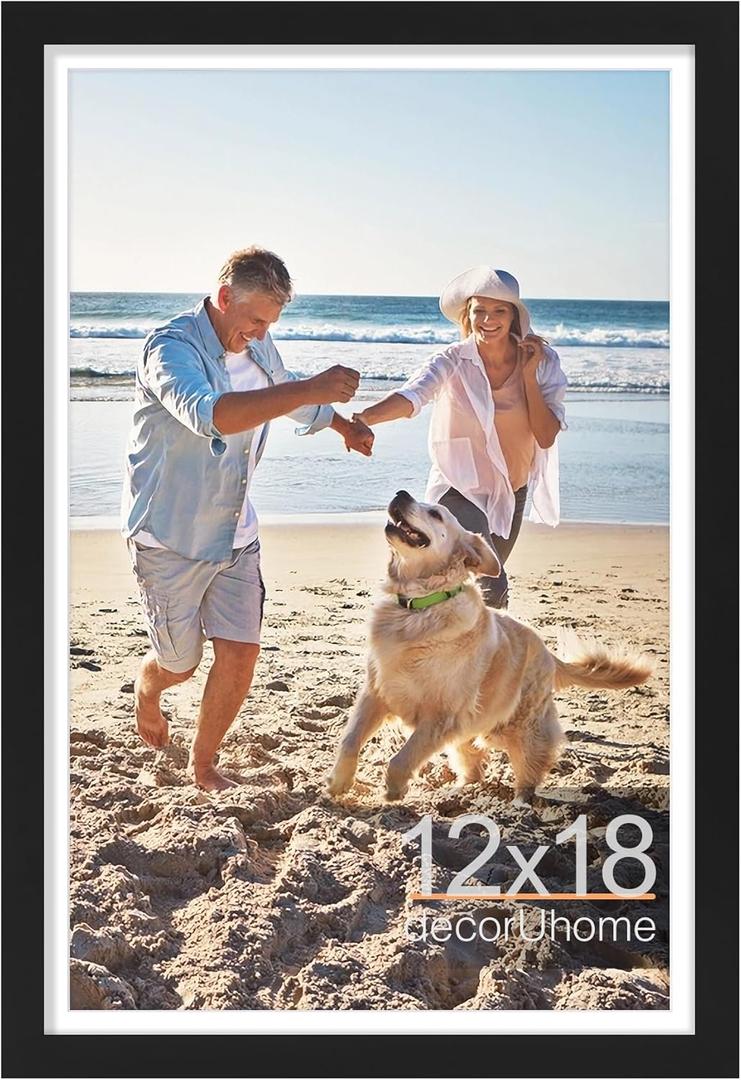 decorUhome 12x18 Picture Frame, Display Pictures 11x17 with Mat or 12x18 without Mat, Wall Mounting Photo Frame, Black, 1 Pack