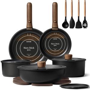 CAROTE 19pcs Pots and Pans Non Stick, Cookware Sets Detachable Handle, Induction Kitchen Pots and Pans,NonStick Cooking Set, Oven/Dishwasher/Fridge Safe, Space Saving (Black)