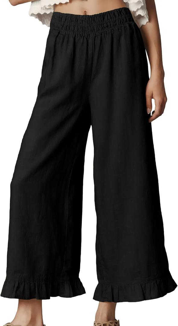 Women's Wide Leg Pants High Waist Ruffle Hem Casual Loose Cropped Trousers Solid Color Lightweight Daily Lounge, XL