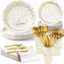 168 Pcs Paper Plates and Napkins Party Supplies, White and Gold Disposable Plates for 24 Guests, Golden Dot Party Plates, Napkins, Cups and Utensils Set for Birthday Wedding Graduation Party Decor