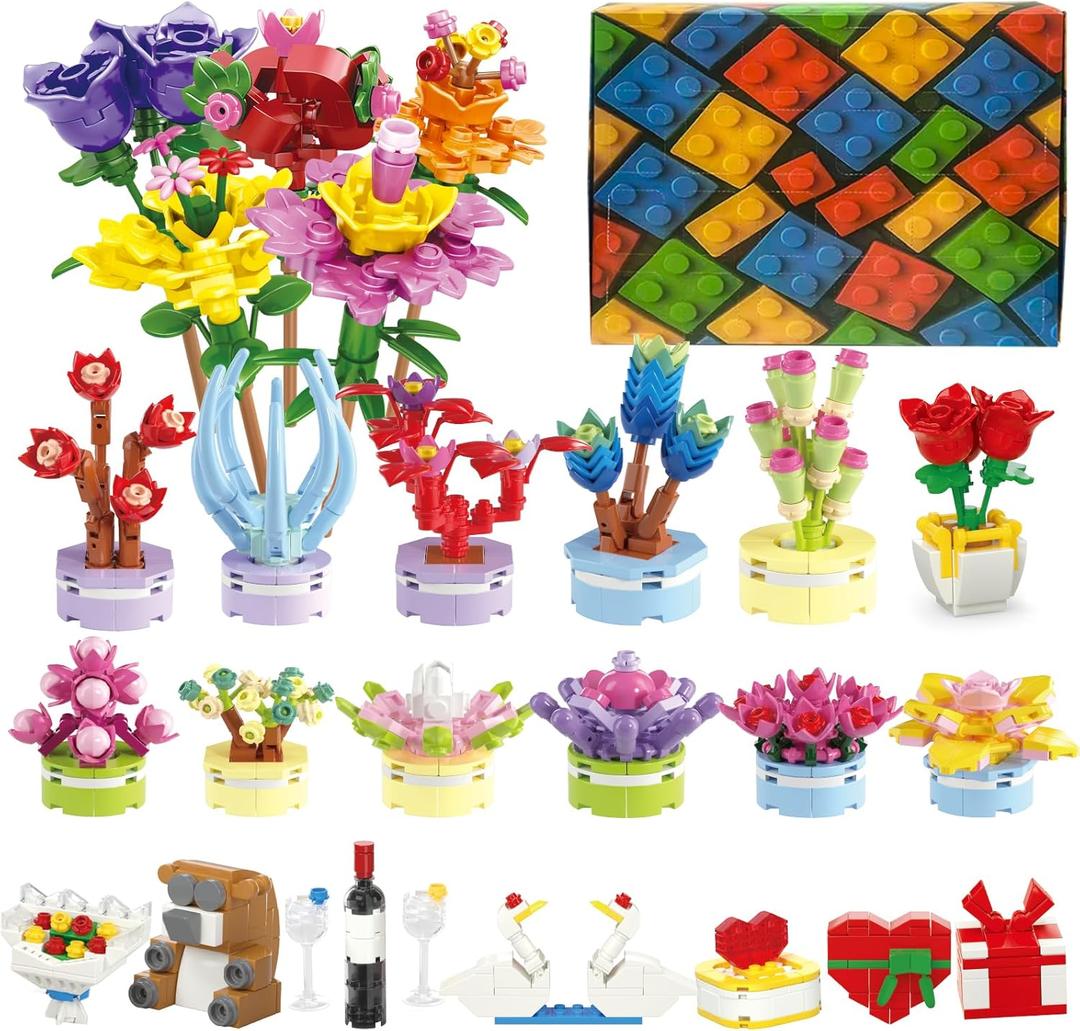 Flowers Building Blocks Succulents Botanical Toys Advent Calendar 2025 24 packs Fake Flower Building Sets Blind Box Toy Set for Home, Kitchen, Desk Decor Block Toy,Party Favors for Christmas Birthday Valentine's Gift Adults Kids Girl 6+