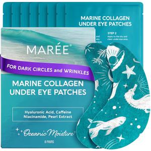 MAREE Hydrating Under Eye Patches for Puffy Eyes and Dark Circles  Marine Collagen & Caffeine Eye Patches  Brightening Eye Patche with Niacinamide  Depuffing Eye Mask for Dark Circles and Puffiness (8 Fl Oz (Pack of 1))