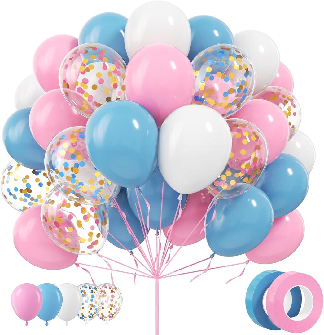 Pink Blue White Balloons, 70 Pcs 12 inch Pink Blue and White Balloons Confetti Latex Balloon with Ribbon for Gender Reveal Baby Shower Birthday Bridal Shower Wedding Party Decorations Supplies