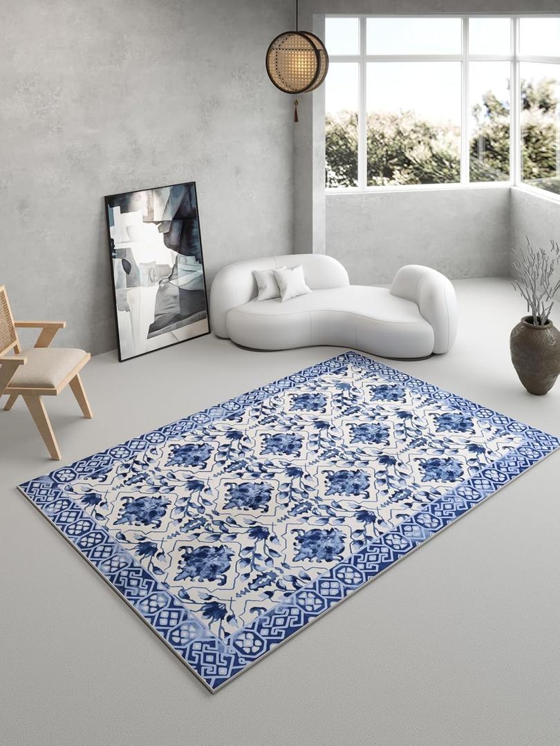 Oriental Accent Vintage Blue Porcelain 5x7 Area Rug - Faux Wool Floral Print Rug, Retro Accent Washable Low Pile Rug, Foldable Non-Slip Non-Shedding Carpet, Decor Gift