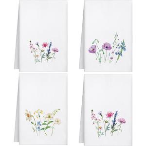 Geyoga 4 Pcs Spring Floral Fingertip Towels Wildflowers Bathroom Kitchen Hand Towels Farmhouse Flower Tea Dish Washcloths for Bathroom Kitchen Home Spring Easter Decor Gifts (White)