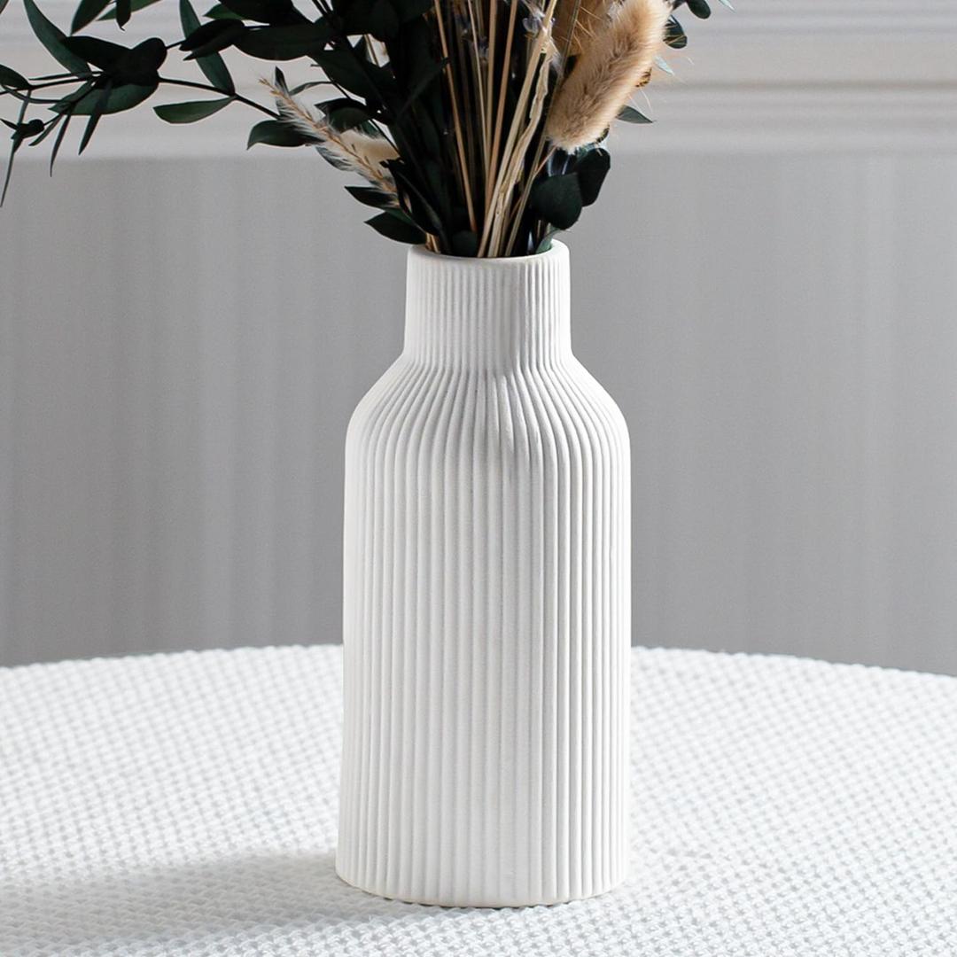 Bohemian White Ceramic Vase - for Pampas Grass, Mantel, Bookshelf, Entryway and Living Room Decor (White, 8in)